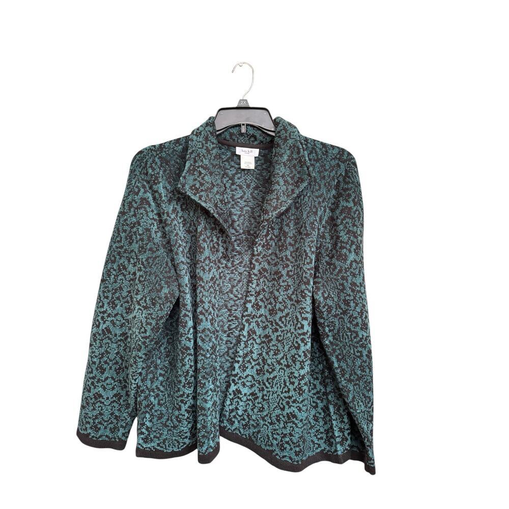 Kate Hill Woman 2X Teal Black Zip Sweater Jacket | Plus Size Textured Cardigan